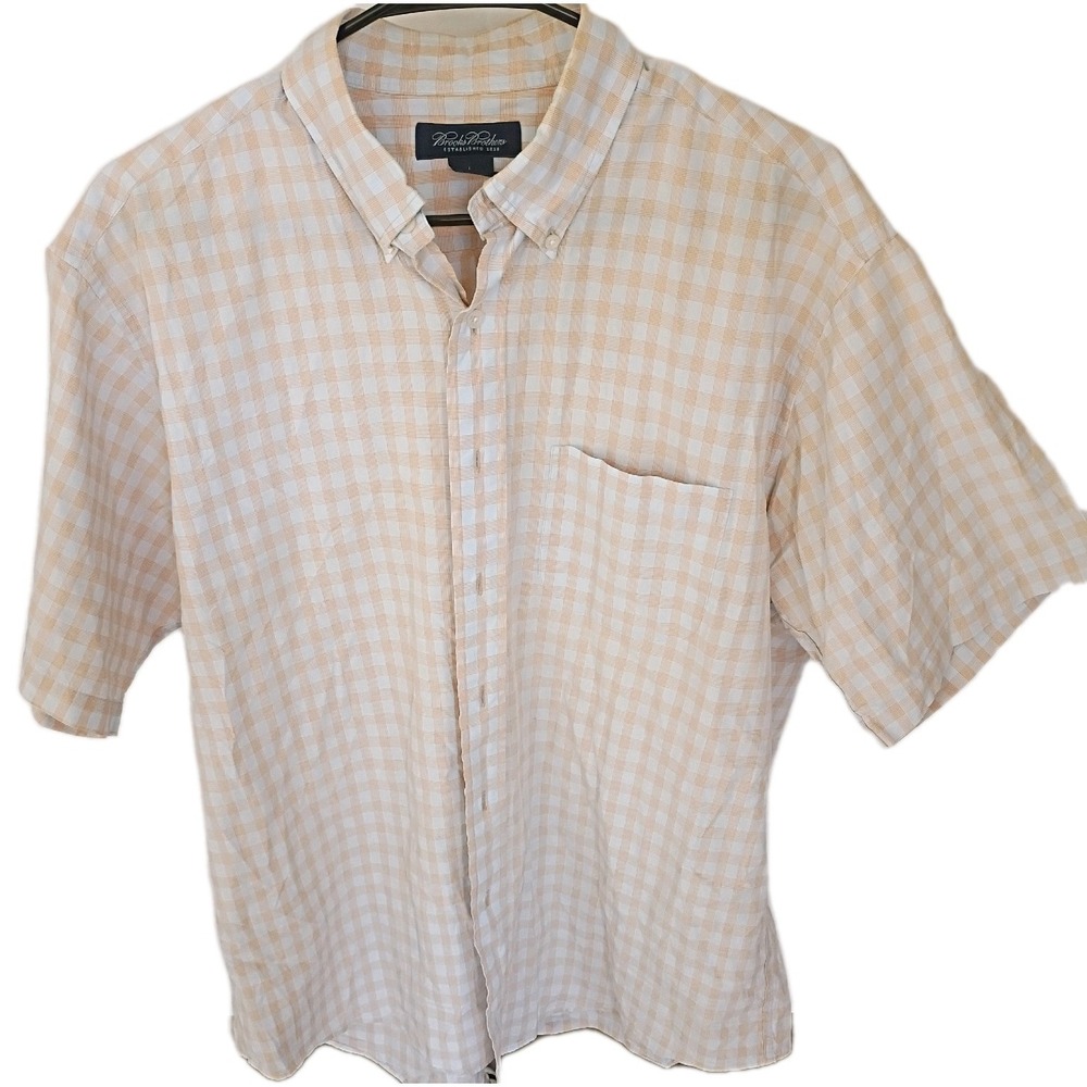 Brooks Brothers Mens Large Orange White Gingham Cotton Short Sleeve Button Down